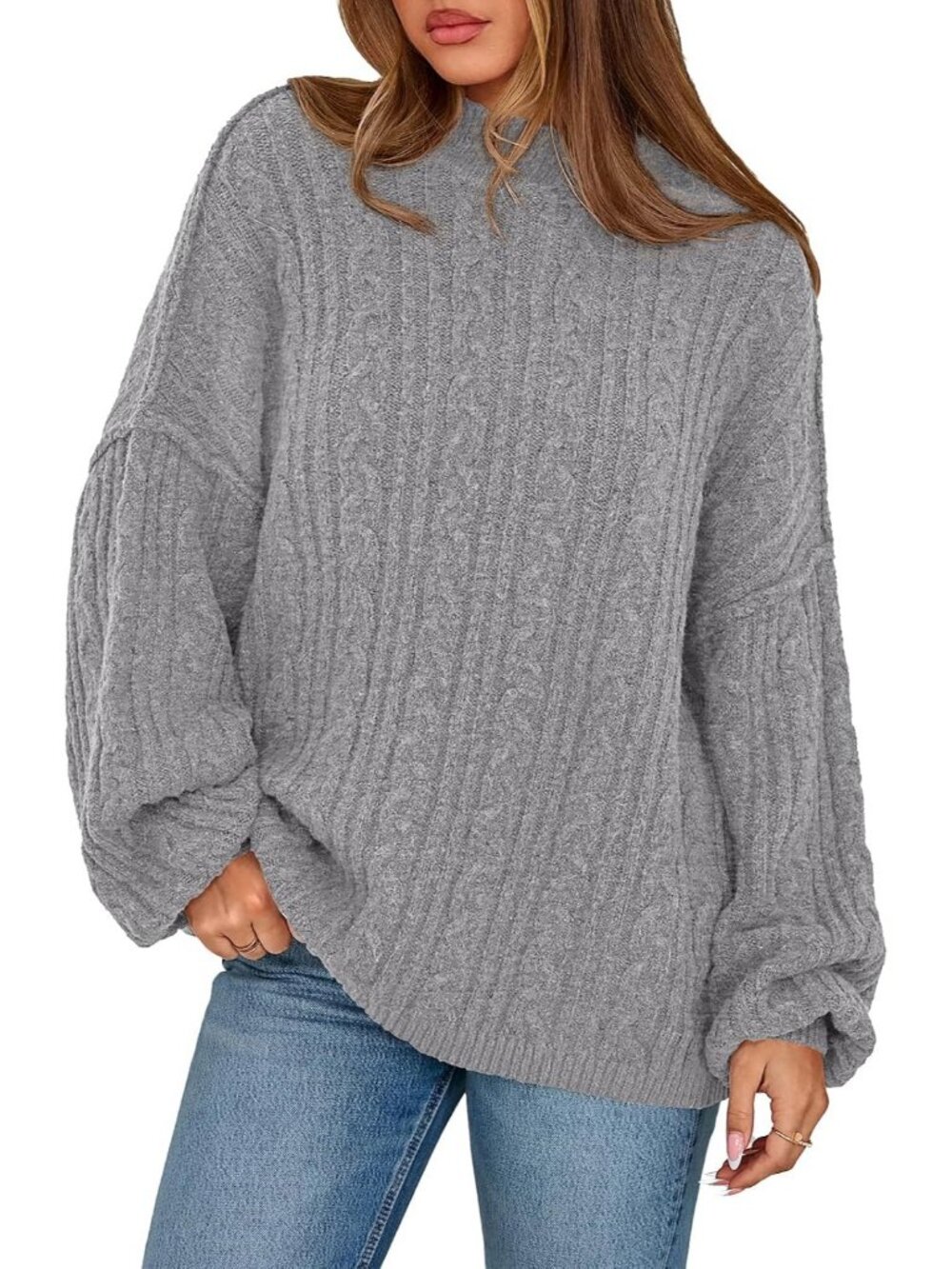 Women's Grey Long Sleeve Crewneck Cable Knit Oversized Pullover Fall Sweaters